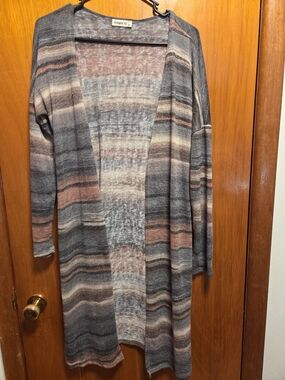 Ginger G Open-Front Striped Cardigan Sweater in Gray & Rust
